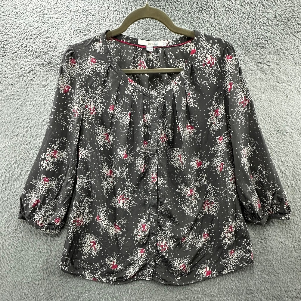Boden Women's Size 8 100% Silk Blouse Gray Pink Abstract Floral Button Front EUC